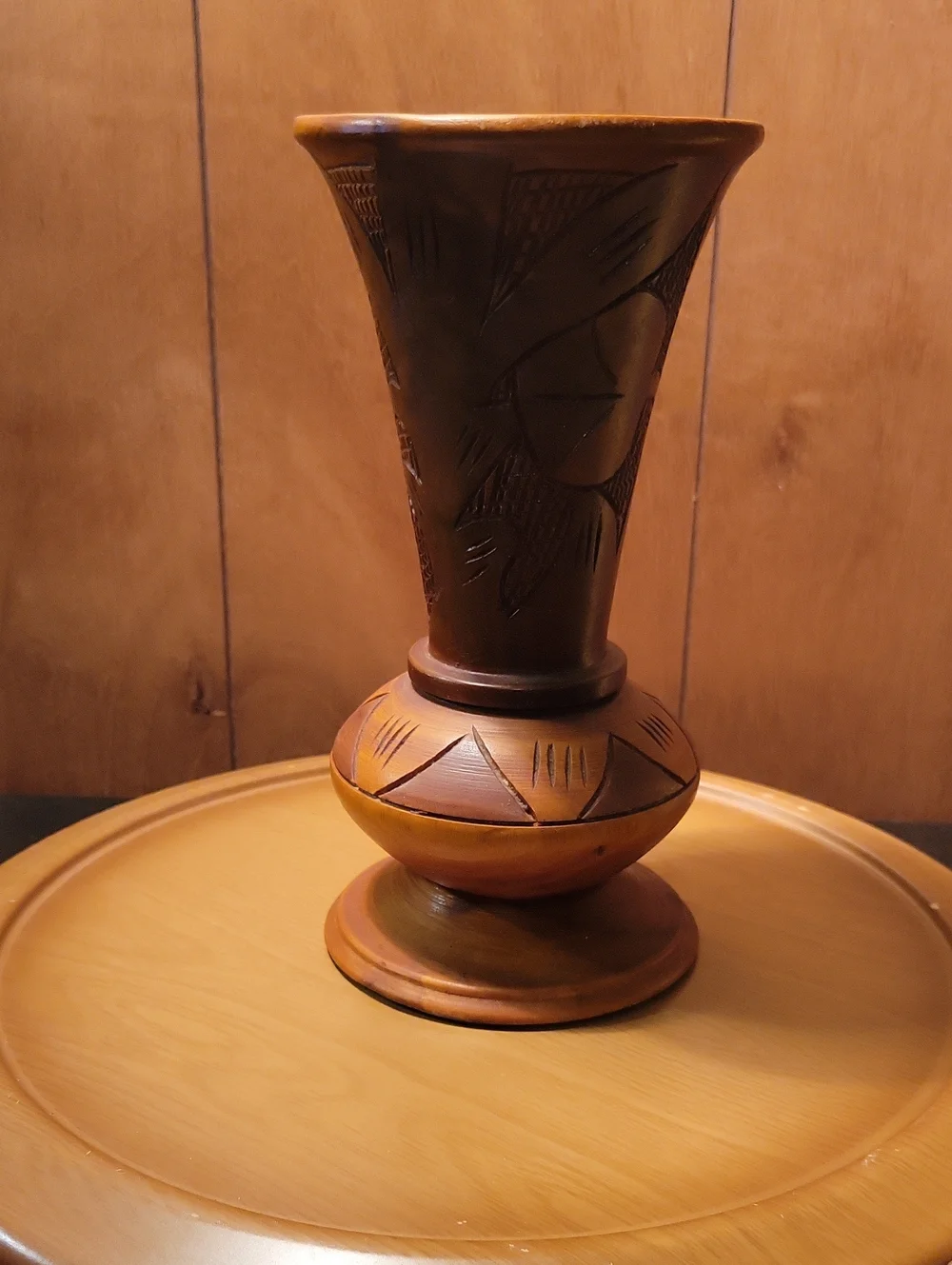 Vintage  Boho Hand-Carved Brown Decorative Wooden Vase Mid Century